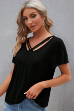 Load image into Gallery viewer, Black Crisscross V Neck Butterfly Sleeve T Shirt - Fashion Queen - 3