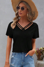 Load image into Gallery viewer, Black Crisscross V Neck Butterfly Sleeve T Shirt - Fashion Queen - 5