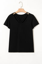 Load image into Gallery viewer, Black Crisscross V Neck Butterfly Sleeve T Shirt - Fashion Queen - 6