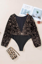 Load image into Gallery viewer, Black Deep V Back Sequin Puff Sleeve Bodysuit - Fashion Queen - 5
