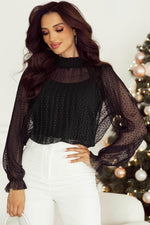 Load image into Gallery viewer, Black Dotty Lace Sheer Mock Neck Long Sleeve Blouse - Fashion Queen - 1