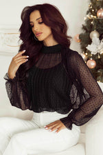 Load image into Gallery viewer, Black Dotty Lace Sheer Mock Neck Long Sleeve Blouse - Fashion Queen - 3