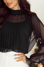 Load image into Gallery viewer, Black Dotty Lace Sheer Mock Neck Long Sleeve Blouse - Fashion Queen - 4