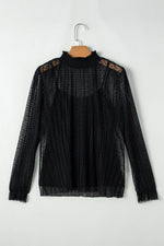 Load image into Gallery viewer, Black Dotty Lace Sheer Mock Neck Long Sleeve Blouse - Fashion Queen - 5