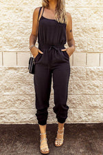 Load image into Gallery viewer, Black Drawstring Waist Spaghetti Straps Jumpsuit - Fashion Queen - 1