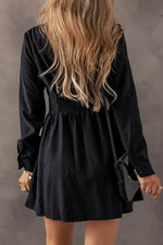 Load image into Gallery viewer, Black Elastic Cinched High Waist Long Sleeve Shirt Mini Dress - Fashion Queen - 2