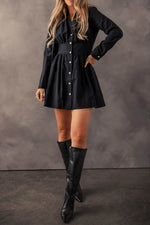 Load image into Gallery viewer, Black Elastic Cinched High Waist Long Sleeve Shirt Mini Dress - Fashion Queen - 4