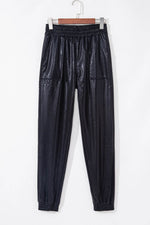 Load image into Gallery viewer, Black Elastic Waist Pocketed Pebble Joggers - Fashion Queen - 7