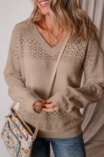 Load image into Gallery viewer, Black Eyelet Pattern Detail V Neck Drop Shoulder Sweater - Fashion Queen - 12