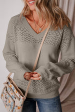 Load image into Gallery viewer, Black Eyelet Pattern Detail V Neck Drop Shoulder Sweater - Fashion Queen - 13