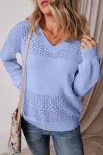 Load image into Gallery viewer, Black Eyelet Pattern Detail V Neck Drop Shoulder Sweater - Fashion Queen - 18