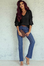 Load image into Gallery viewer, Black Eyelet Pattern Detail V Neck Drop Shoulder Sweater - Fashion Queen - 22