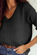 Load image into Gallery viewer, Black Eyelet Pattern Detail V Neck Drop Shoulder Sweater - Fashion Queen - 23