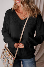 Load image into Gallery viewer, Black Eyelet Pattern Detail V Neck Drop Shoulder Sweater - Fashion Queen - 24