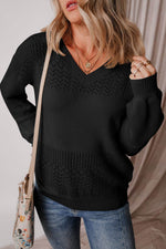 Load image into Gallery viewer, Black Eyelet Pattern Detail V Neck Drop Shoulder Sweater - Fashion Queen - 25