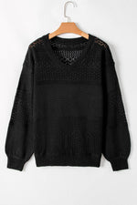 Load image into Gallery viewer, Black Eyelet Pattern Detail V Neck Drop Shoulder Sweater - Fashion Queen - 26