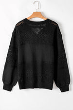 Load image into Gallery viewer, Black Eyelet Pattern Detail V Neck Drop Shoulder Sweater - Fashion Queen - 27