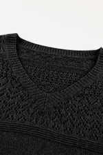 Load image into Gallery viewer, Black Eyelet Pattern Detail V Neck Drop Shoulder Sweater - Fashion Queen - 29