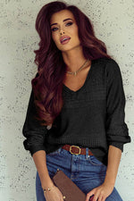 Load image into Gallery viewer, Black Eyelet Pattern Detail V Neck Drop Shoulder Sweater - Fashion Queen - 3