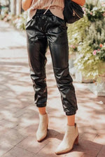Load image into Gallery viewer, Black Faux Leather Ankle Smocked Waist Drawstring Joggers - Fashion Queen - 1
