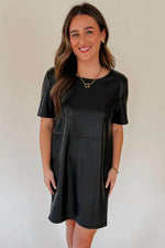 Load image into Gallery viewer, Black Faux Leather Loose T-shirt Dress - Fashion Queen - 7