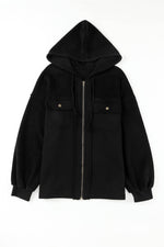 Load image into Gallery viewer, Black Flap Pocket Drawstring Hood Zip Up Jacket - Fashion Queen - 18