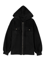 Load image into Gallery viewer, Black Flap Pocket Drawstring Hood Zip Up Jacket - Fashion Queen - 19