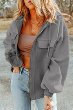 Load image into Gallery viewer, Black Flap Pocket Drawstring Hood Zip Up Jacket - Fashion Queen - 9