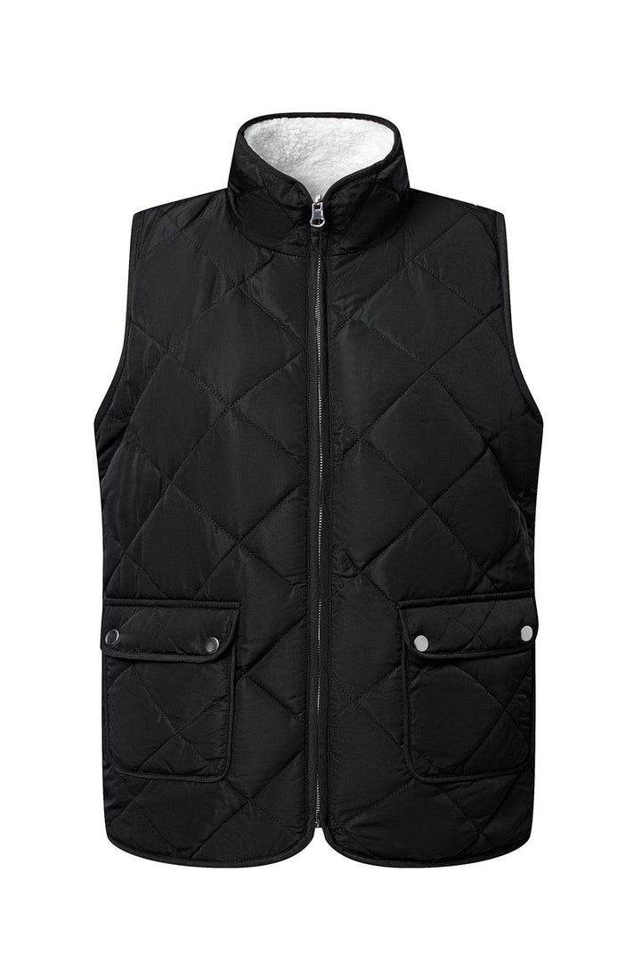 Black Fleece Lined Quilted Zip up Vest Coat - Fashion Queen -  13