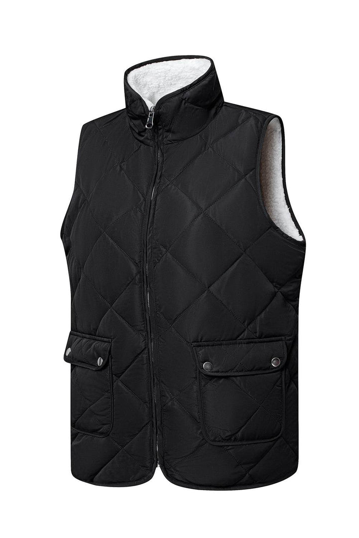 Black Fleece Lined Quilted Zip up Vest Coat - Fashion Queen -  14