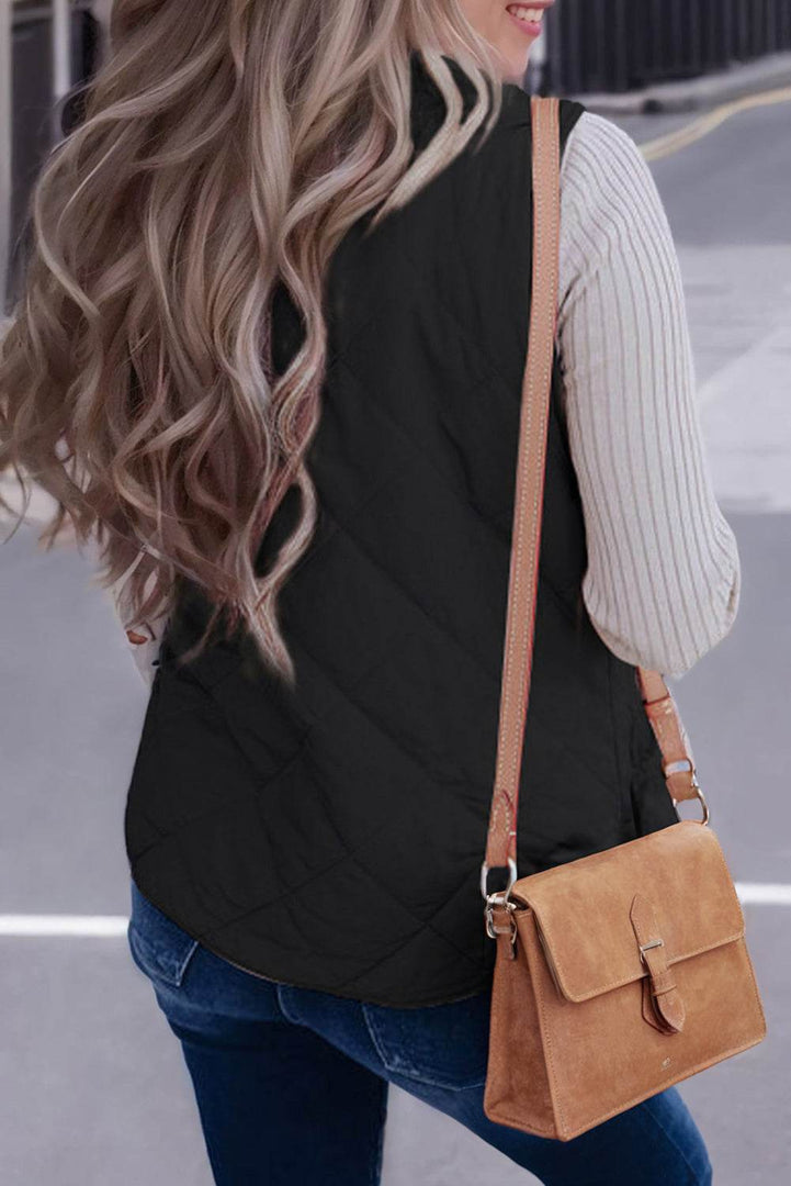 Black Fleece Lined Quilted Zip up Vest Coat - Fashion Queen -  2