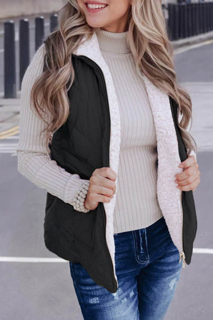 Black Fleece Lined Quilted Zip up Vest Coat - Fashion Queen -  3