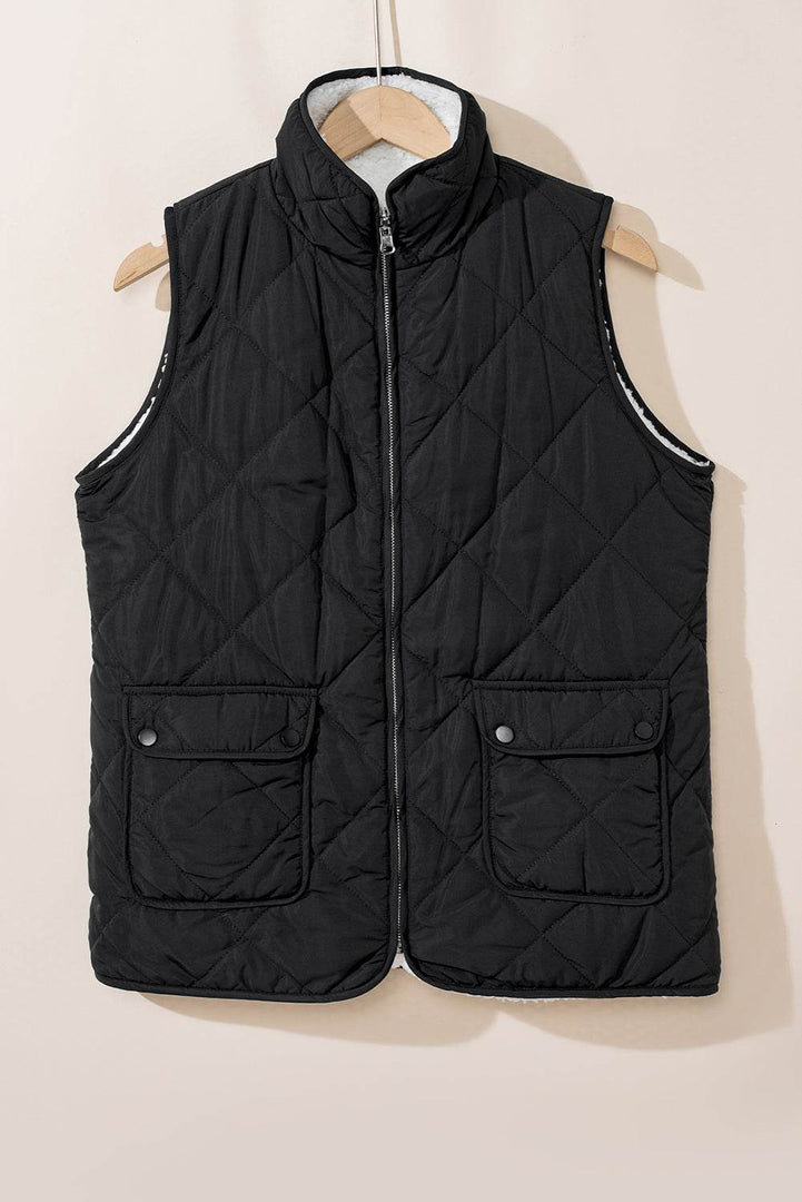 Black Fleece Lined Quilted Zip up Vest Coat - Fashion Queen -  4