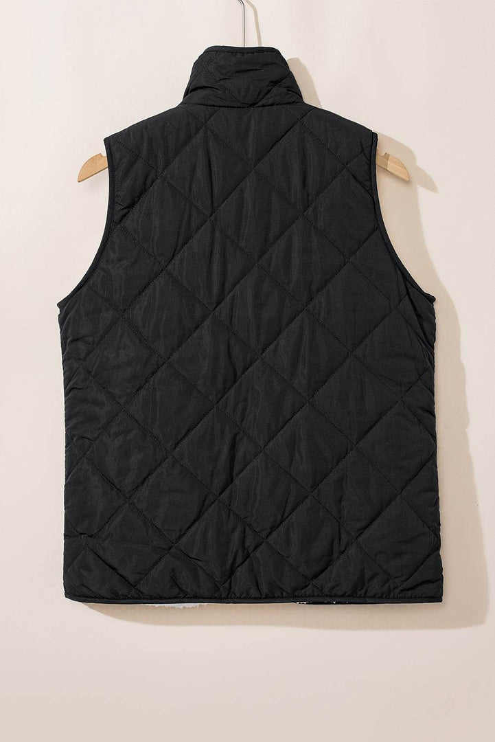 Black Fleece Lined Quilted Zip up Vest Coat - Fashion Queen -  5