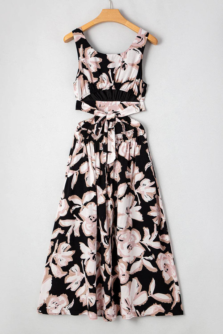 Black Floral Cutout Square Neck Knot Back Sleeveless Maxi Dress - Fashion Queen -  11