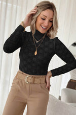 Load image into Gallery viewer, Black Floral Lace High Neck Long Sleeve Top - Fashion Queen - 3