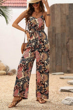 Load image into Gallery viewer, Black Floral Print Belted Sleeveless Wide Leg Jumpsuit - Fashion Queen - 15