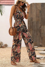 Load image into Gallery viewer, Black Floral Print Belted Sleeveless Wide Leg Jumpsuit - Fashion Queen - 20