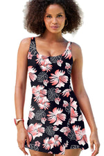 Load image into Gallery viewer, Black Floral Print Twisted Hollowed Back Swim Dress - Fashion Queen - 24