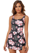 Load image into Gallery viewer, Black Floral Print Twisted Hollowed Back Swim Dress - Fashion Queen - 27