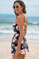 Load image into Gallery viewer, Black Floral Print Twisted Hollowed Back Swim Dress - Fashion Queen - 3