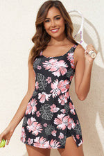 Load image into Gallery viewer, Black Floral Print Twisted Hollowed Back Swim Dress - Fashion Queen - 9
