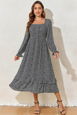 Load image into Gallery viewer, Black Floral Printed Long Sleeve Square Neck Midi Dress - Fashion Queen - 3