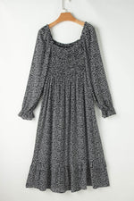 Load image into Gallery viewer, Black Floral Printed Long Sleeve Square Neck Midi Dress - Fashion Queen - 9