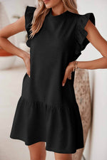Load image into Gallery viewer, Black Flutter Sleeve Crew Neck Shift Dress - Fashion Queen - 1