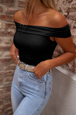 Load image into Gallery viewer, Black Folded Off Shoulder Slim Top - Fashion Queen - 3