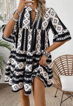 Load image into Gallery viewer, Black Geometric Print V Neck Ruffled Dress - Fashion Queen - 1