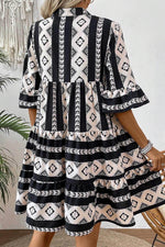 Load image into Gallery viewer, Black Geometric Print V Neck Ruffled Dress - Fashion Queen - 2