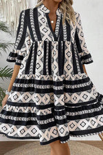 Load image into Gallery viewer, Black Geometric Print V Neck Ruffled Dress - Fashion Queen - 3
