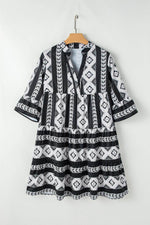 Load image into Gallery viewer, Black Geometric Print V Neck Ruffled Dress - Fashion Queen - 5